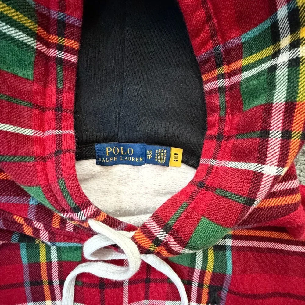 Polo Ralph Lauren Red Plaid Tartan Fleece Hoodie Pullover in Men's Sz. XS - EUC